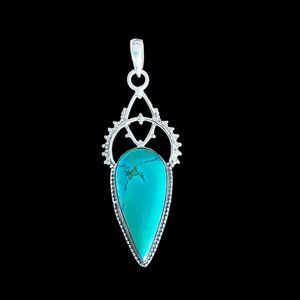 Genuine Turquoise Cabachon Set In 925 Sterling Silver Pendant 2.5" X .75"